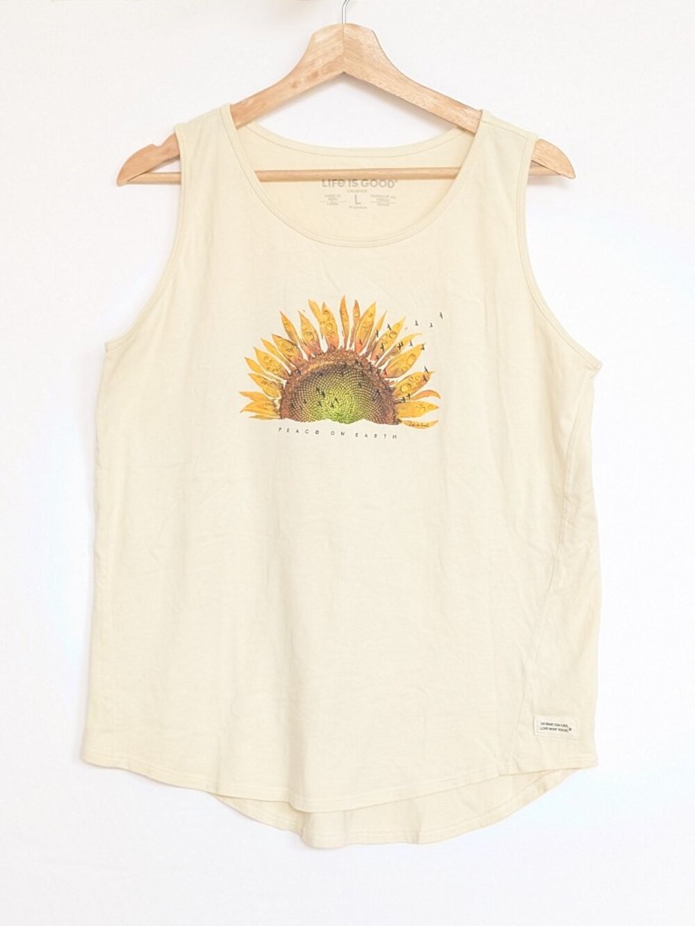 Life is Good Sunflower Dew Peace on Earth Crusher Tank Hi-Lo Cream Women's Large